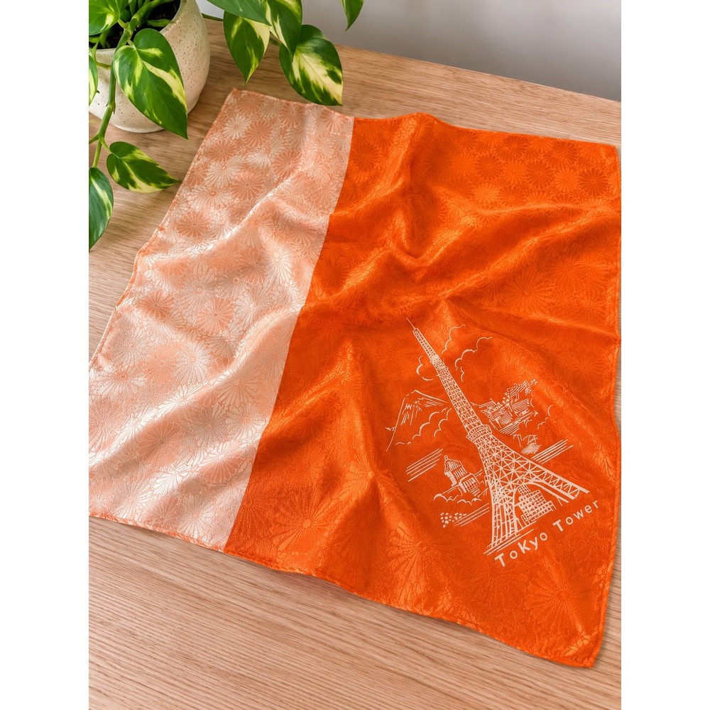 Vintage Tokyo Tower Japan Souvenir Scarf Orange Floral Jacquard Mount Fuji Bold